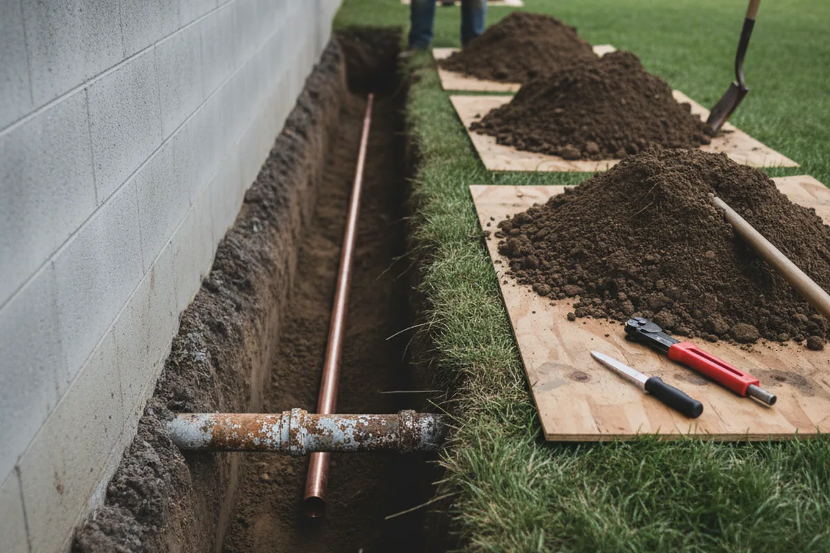 Excavated water line trench during Water Softener Installation in Mora
